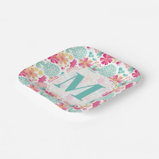 Turquoise Pink Painted Floral monogram Napkins Papieren Bordje (Gebogen)