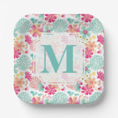 Turquoise Pink Painted Floral monogram Napkins Papieren Bordje (Voorkant)