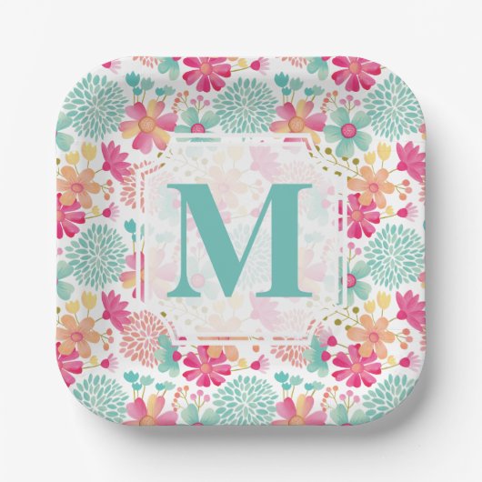 Turquoise Pink Painted Floral monogram Napkins Papieren Bordje (Voorkant)