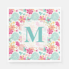 Turquoise Pink Painted Floral monogram Napkins Servet