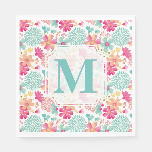 Turquoise Pink Painted Floral monogram Napkins Servet (Voorkant)