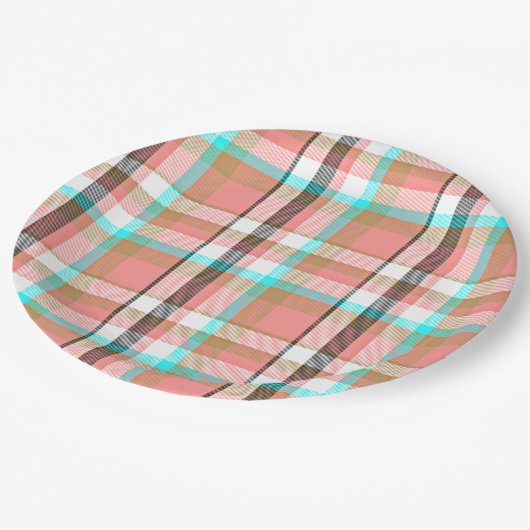 Turquoise Pink Retro Chic Tartan Patroon Papieren Bordje (Gekanteld)