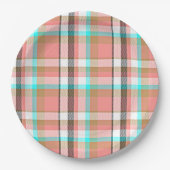 Turquoise Pink Retro Chic Tartan Patroon Papieren Bordje (Voorkant)