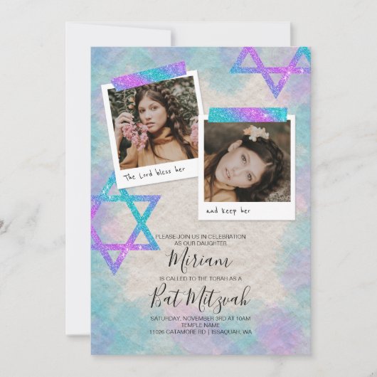 Turquoise & Pink Scrapbook Bat Mitzvah Uitnodiging (Voorkant)