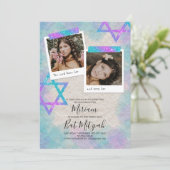 Turquoise & Pink Scrapbook Bat Mitzvah Uitnodiging (Staand voorkant)