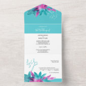 Turquoise Pink Tropical Abstracte Flowers All In One Uitnodiging (Binnen)