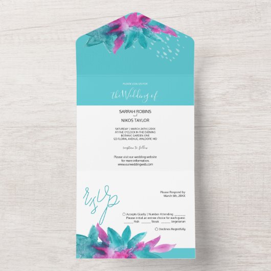 Turquoise Pink Tropical Abstracte Flowers All In One Uitnodiging (Binnen)