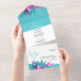 Turquoise Pink Tropical Abstracte Flowers All In One Uitnodiging