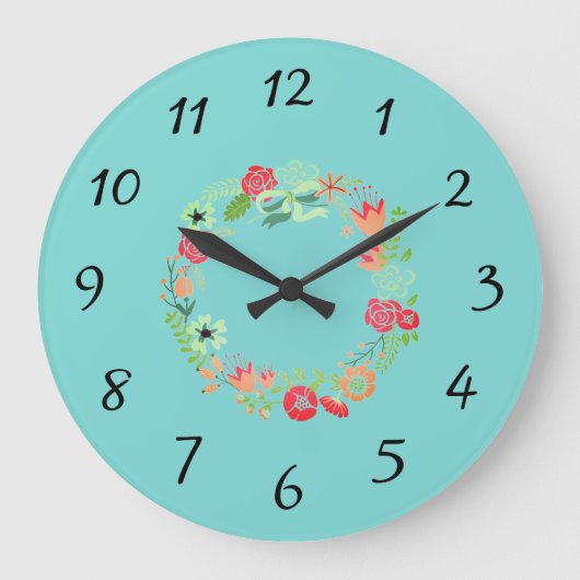 Turquoise Pink Wreath Wall Clock Grote Klok (Voorkant)