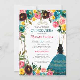 Turquoise Pink Yellow Festive Floral Quinceanera Kaart