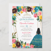 Turquoise Pink Yellow Fiesta Floral Quinceanera Kaart (Voorkant)