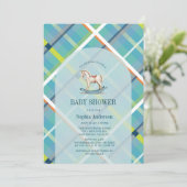 Turquoise Plaid Rocking Horse Boy Baby shower Kaart (Staand voorkant)