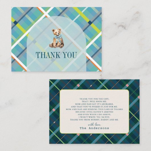 Turquoise Plaid Teddy Bear Baby shower Dank u Notitiekaartje (Voorkant / Achterkant)