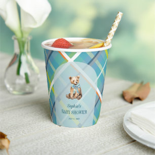 Turquoise Plaid Teddy Bear Baby shower Papieren Bekers