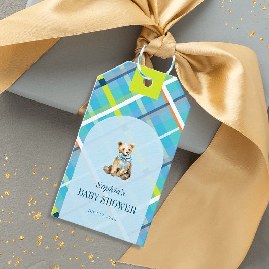Turquoise Plaid Teddy Bear Bow Baby shower Cadeaulabel