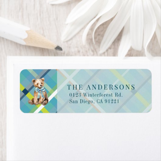 Turquoise Plaid Teddy Bear Bow Retouradres Etiket (Insitu)