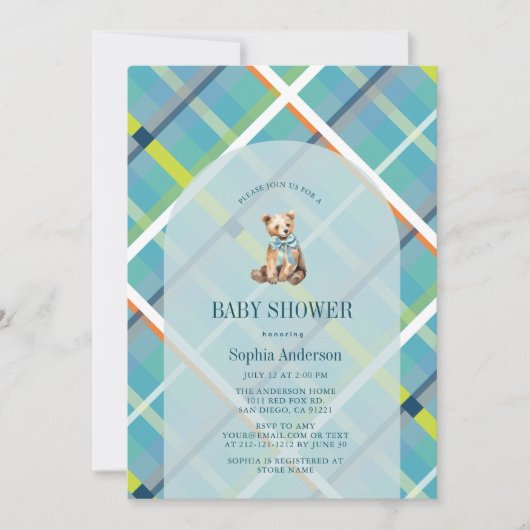 Turquoise Plaid Teddy Bear Boy Baby shower Kaart (Voorkant)