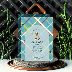 Turquoise Plaid Teddy Bear Boy Baby shower Kaart