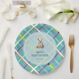 Turquoise Plaid Teddy Bear Boy Baby shower Papieren Bordje