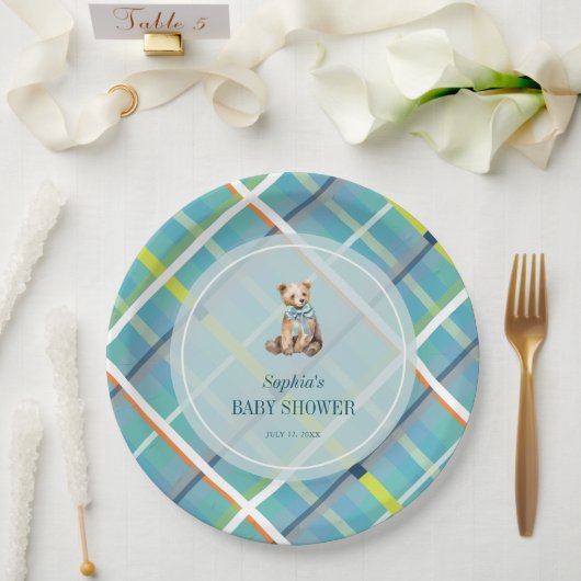 Turquoise Plaid Teddy Bear Boy Baby shower Papieren Bordje (Huwelijk)