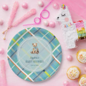 Turquoise Plaid Teddy Bear Boy Baby shower Papieren Bordje (Feest)