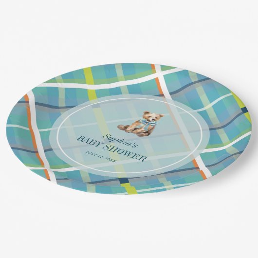 Turquoise Plaid Teddy Bear Boy Baby shower Papieren Bordje (Gekanteld)