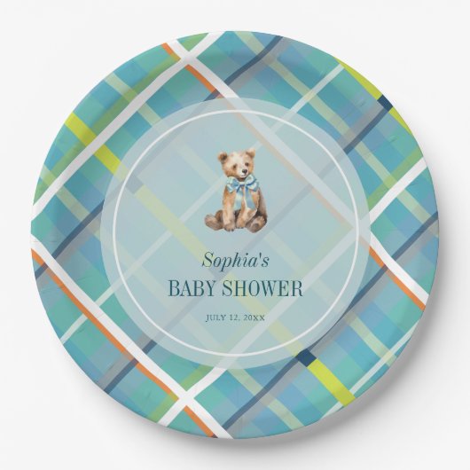 Turquoise Plaid Teddy Bear Boy Baby shower Papieren Bordje (Voorkant)