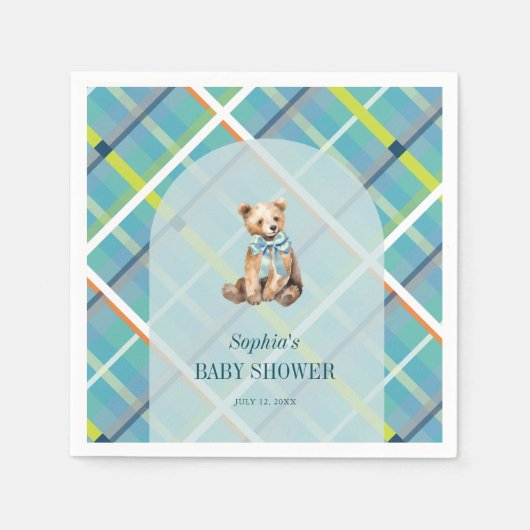 Turquoise Plaid Teddy Bear Boy Baby shower Servet (Voorkant)
