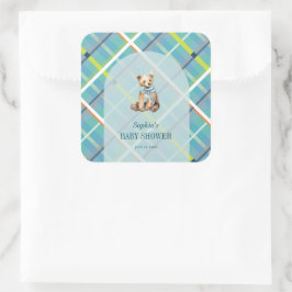Turquoise Plaid Teddy Bear Boy Baby shower Vierkante Sticker