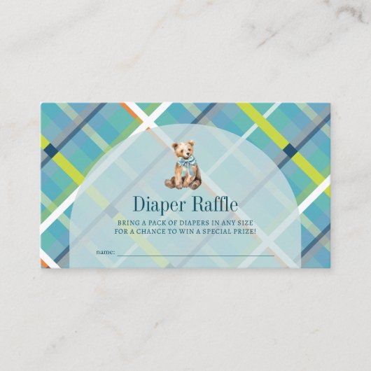 Turquoise Plaid Teddy Bear Luier Raffle Ticket Informatiekaartje (Voorkant)