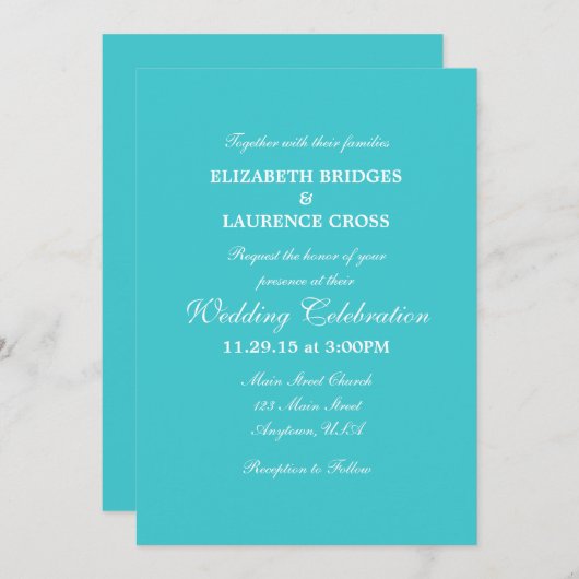 Turquoise Plain Simple Wedding Invitation Kaart (Voorkant / Achterkant)