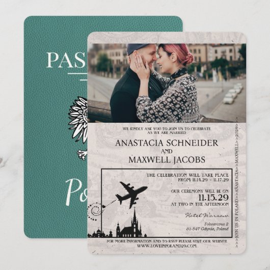 Turquoise Polen Paspoort Huwelijksuitnodiging Kaart (Voorkant / Achterkant)