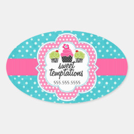 Turquoise polka dot cupcake bakkerij bedrijf ovale sticker