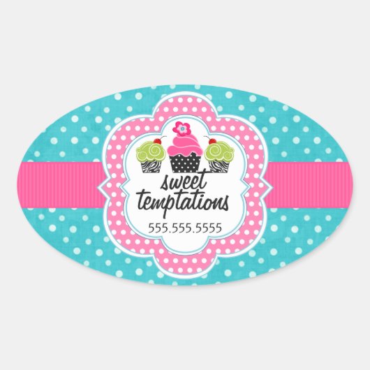 Turquoise polka dot cupcake bakkerij bedrijf ovale sticker (Voorkant)