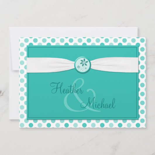 Turquoise Polka Dot Ribbon Wedding Uitnodiging (Voorkant)