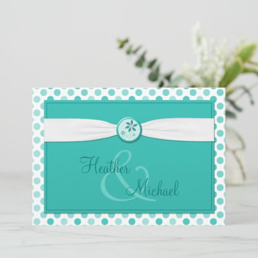 Turquoise Polka Dot Ribbon Wedding Uitnodiging (Staand voorkant)
