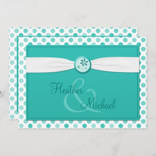 Turquoise Polka Dot Ribbon Wedding Uitnodiging (Voorkant / Achterkant)