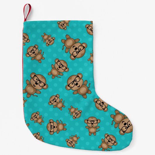 Turquoise polka dots nerd monkey kleine kerstsok (Voorkant)