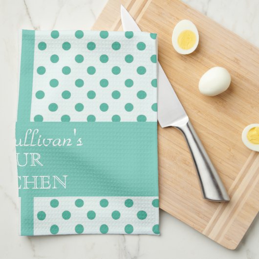 Turquoise Polka Dots Personalized Kitchen Towels Theedoek (Quarter Fold)