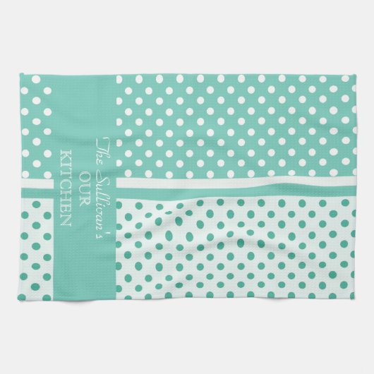 Turquoise Polka Dots Personalized Kitchen Towels Theedoek (Horizontaal)