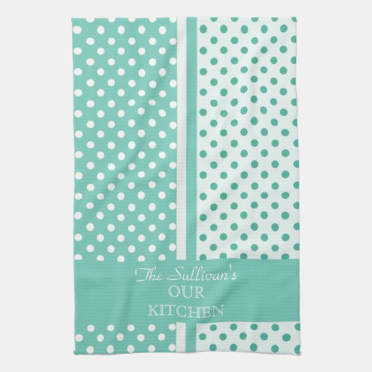 Turquoise Polka Dots Personalized Kitchen Towels Theedoek (Verticaal)