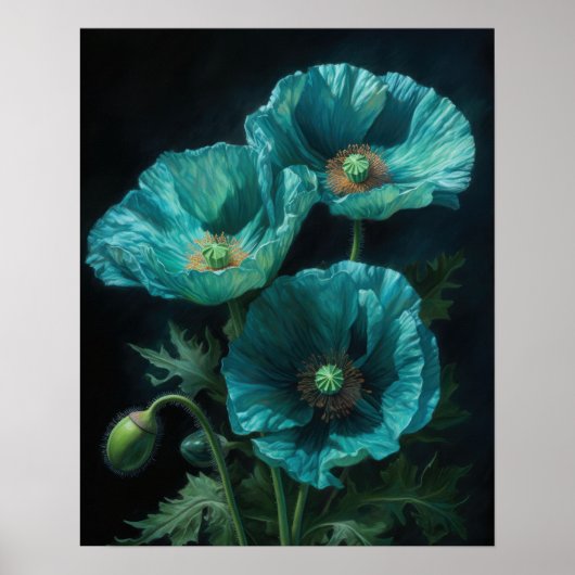 Turquoise Poppy Flowers Art Print Poster (Voorkant)