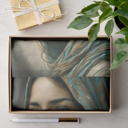 Turquoise portret decoupage tissuepapier (Geschenk)