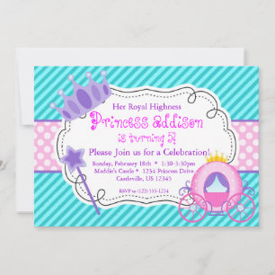Turquoise Princess Crown Carriage Birthday Party Kaart