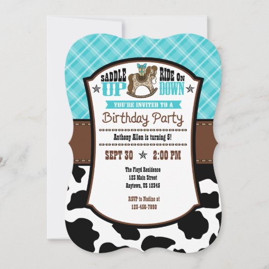 Turquoise Pset Koeienhuid Cowboy Birthday Invite Kaart (Voorkant)