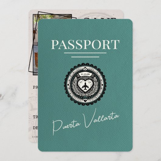 Turquoise Puerta Vallarta Passport Save The Date (Voorkant / Achterkant)