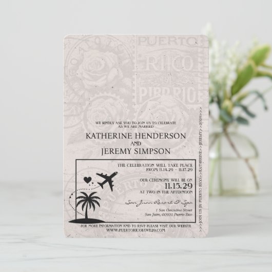 Turquoise Puerto Rico Paspoort bruiloft uitnodigin Kaart (Staand voorkant)