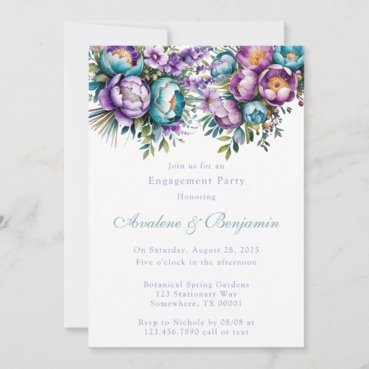 Turquoise Purple Flowers Engagement Party Kaart (Voorkant)