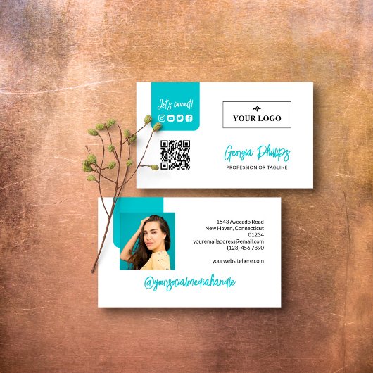 Turquoise QR Code Foto Logo Social Media Visitekaartje