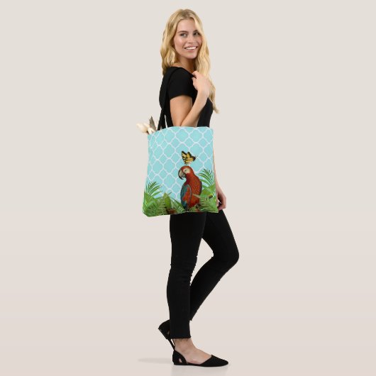 Turquoise Quartrefoil Parrot and Butterfly Tote Bag (Op model)